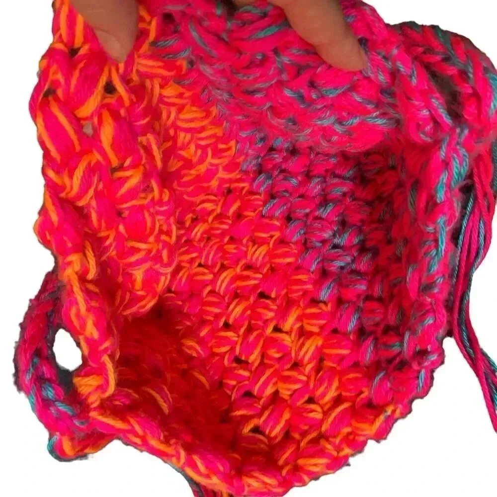 Crochet Shoulder Tote Handbag Pink Orange Blue Medium Bright Tassel Handmade